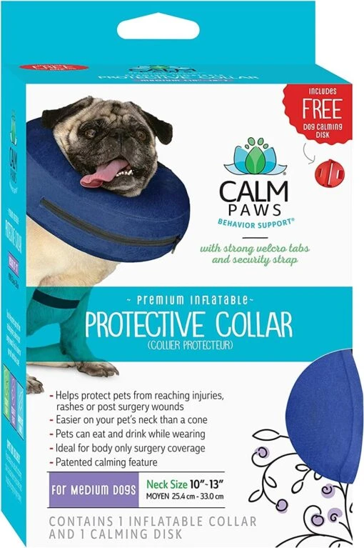 Calm Paws Protective Inflatable Dog Collar With Dog Calming Disk - Medium -Tropiclean Store calm paws protective inflatable dog collar with dog calming disk medium 652605