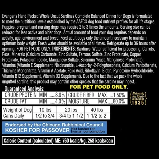 Evanger's Super Premium Whole Uncut Sardine Dinner Canned Dog Food - 12 Oz - Case Of 12 -Tropiclean Store evangers super premium whole uncut sardine dinner canned dog food 12 oz case of 12 694211