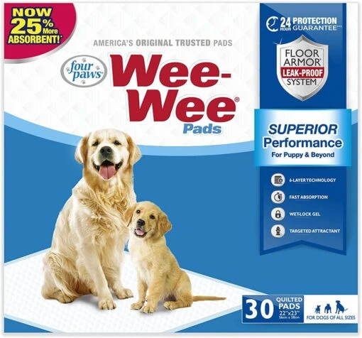 Four Paws Wee-Wee Pads Dog Training Pads - 22 X 23 In - 30 Pack -Tropiclean Store four paws wee wee pads dog training pads 22 x 23 in 30 pack 403484