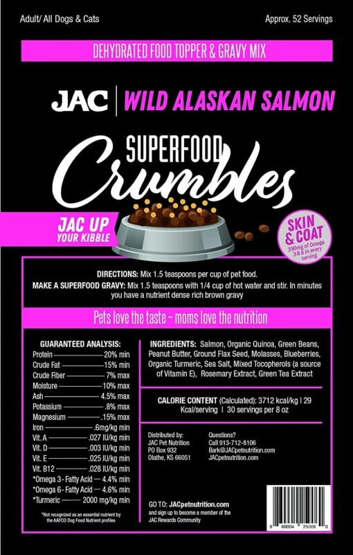 JAC Pet Nutrition Salmon Crumbles Dehydrated Dog Food Toppers - 8 Oz -Tropiclean Store jac pet nutrition salmon crumbles dehydrated dog food toppers 8 oz 156358