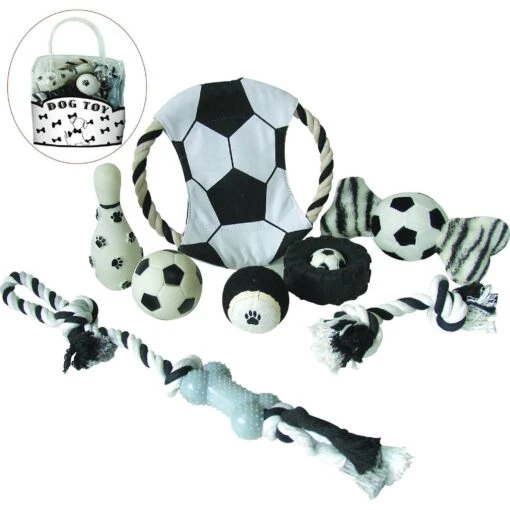 Pet Life ® 'Soccer Themed' 9 Piece Jute Rope And Rubberized Squeak Chew Pet Dog Toy Gift Set -Tropiclean Store pet life r soccer themed 9 piece jute rope and rubberized squeak chew pet dog toy gift set 821861