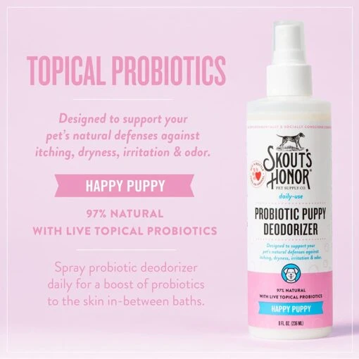 Skout's Honor Probiotic Daily Use Happy Puppy Dog Deodorizer - 8 Oz Bottle -Tropiclean Store skouts honor probiotic daily use happy puppy dog deodorizer 8 oz bottle 708273