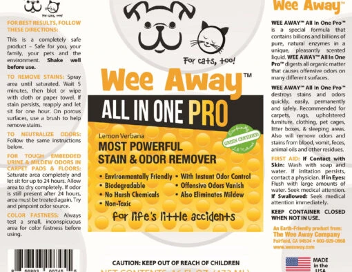 Wee Away All In One Pro - Lemon Cat And Dog Stain And Odor Eliminator - 16 Oz Bottle -Tropiclean Store wee away all in one pro lemon cat and dog stain and odor eliminator 16 oz bottle 142802